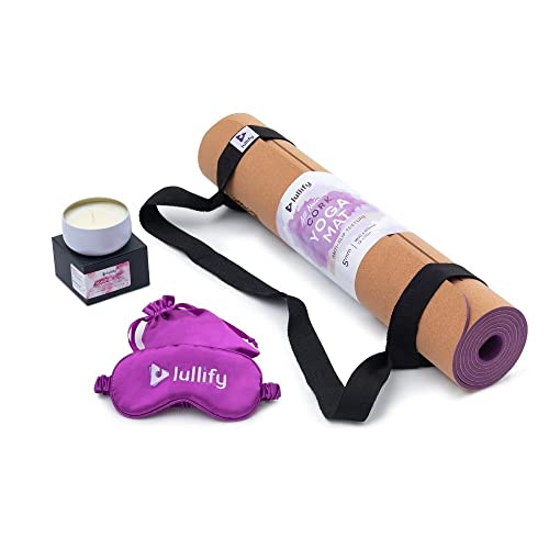 Lullify Essentials Bundle | Cork Yoga Mat | Signature Scent Natural Soy & Beeswax Candles | Silk Travel Mask